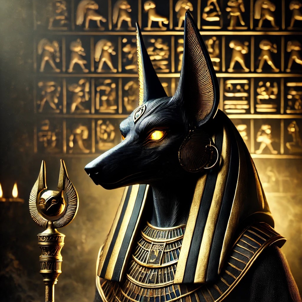DALL·E-2024-10-31-19.03.12-A-striking-depiction-of-the-Egyptian-god-Anubis-in-his-traditional-form-with-a-dark-and-golden-color-scheme.-Anubis-has-the-head-of-a-black-jackal-wi A Fascinante História da Mitologia Egípcia Cultura História